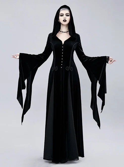 Black Stretch Hooded Dark Dolman Sleeves Gothic Ladies Dress