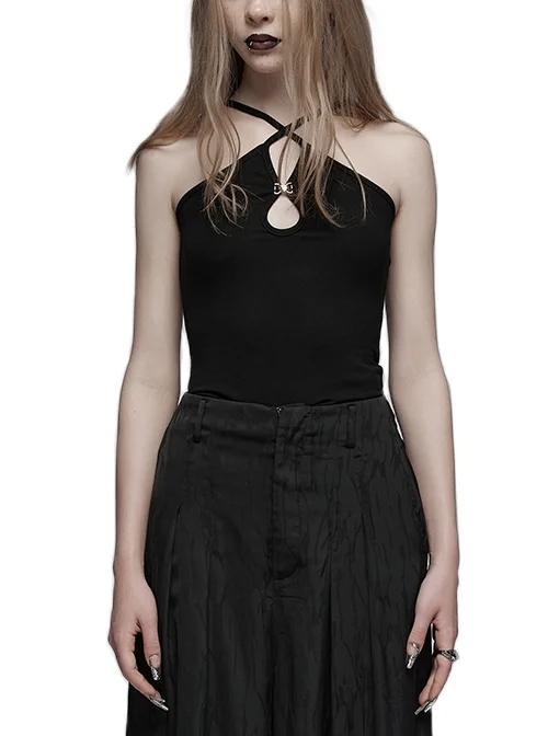 Black Stretch Knit Fitted National Style Water Drop Hollow Punk Style Camisole
