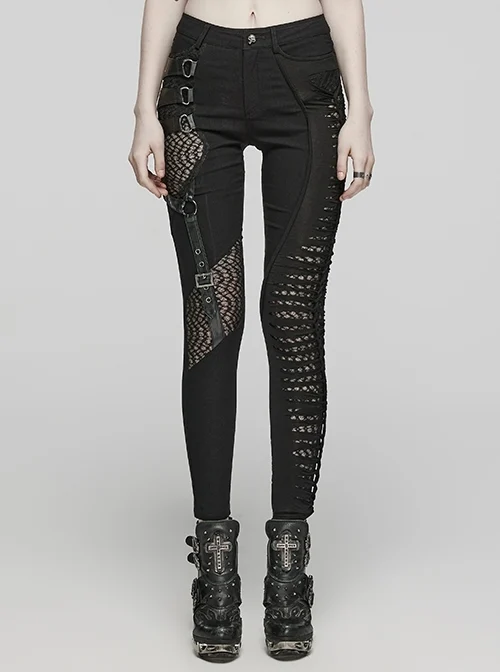 Black Stretch Knit Patchwork Asymmetrical Rubber Mesh Side Panels Embellished Punk Style Split Trousers