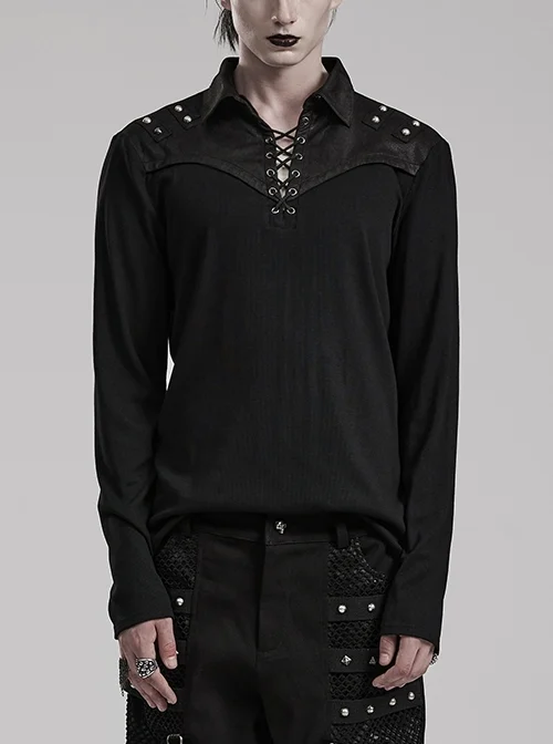 Black Stretch Knit Patchwork Taped Shirt Collar Front Eyelet String Punk Style Long Sleeved T-Shirt