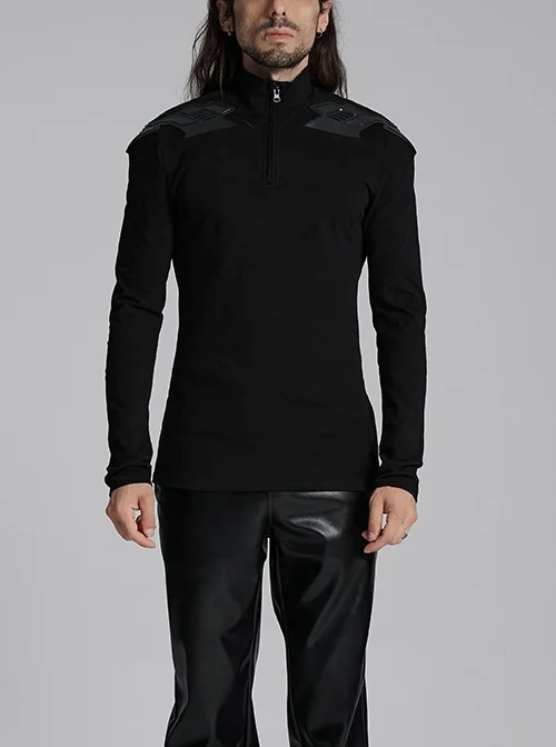 Black Stretch Knit Shoulder Patchwork Three Dimensional Vinyl Applique Decoration Punk Style Long Sleeved T-Shirt