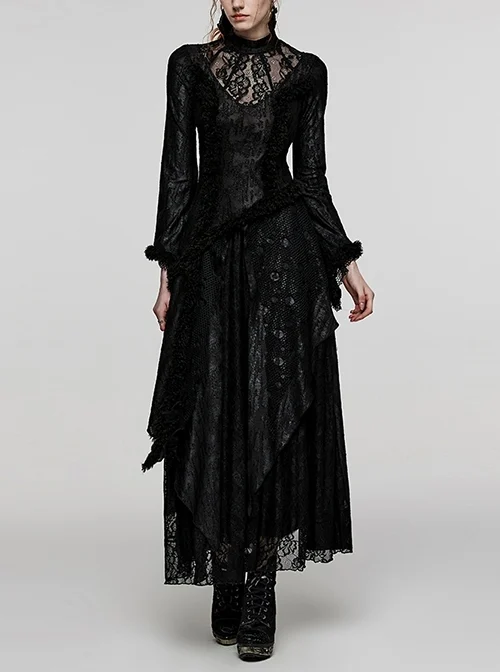 Black Stretch Knit Stitching Lace Mesh Multi-Layered V-Shaped Split Gothic Style Rope Long Sleeved Hollow Dress