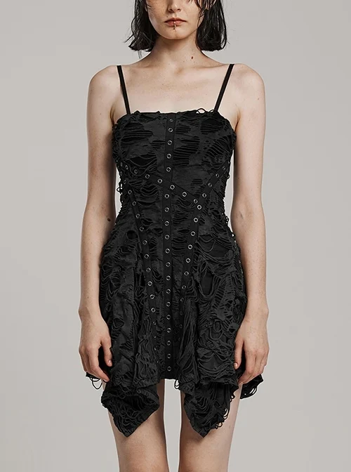 Black Stretch Knit Tattered Front Criss Cross Eyelet Webbing Embellished Punk Style Suspender Dress