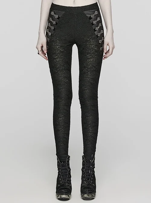 Black Stretch Muscle Knit Front Panel Exquisite Hand Stitched Button Embellished Gothic Print Leggings