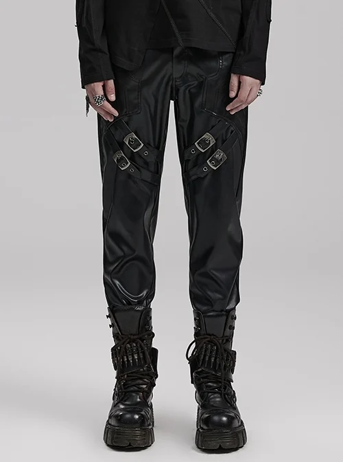 Black Stretch Pu Leather Adjustable Trouser Loops With Japanese Button Decoration Punk Style Men's Fitted Trousers