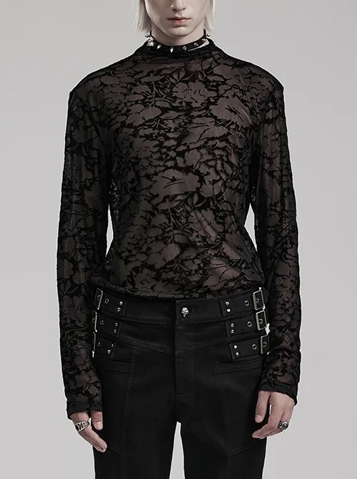 Black Stretch See Through Flocked Printed Gothic Style Sexy See Through Slim Long Sleeved T-Shirt