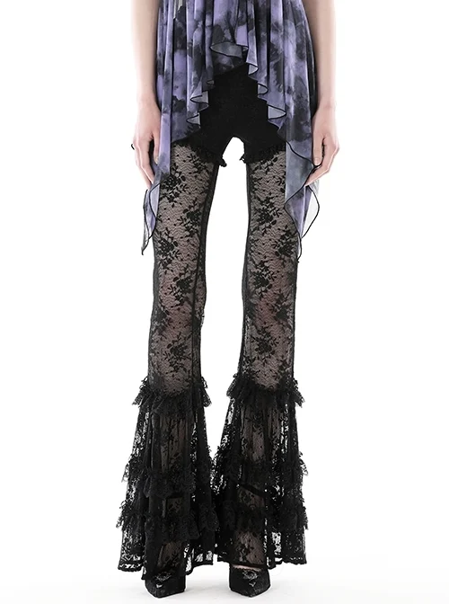Black Stretch Slim Fit Lace Printed Gothic See Through Flared Pants
