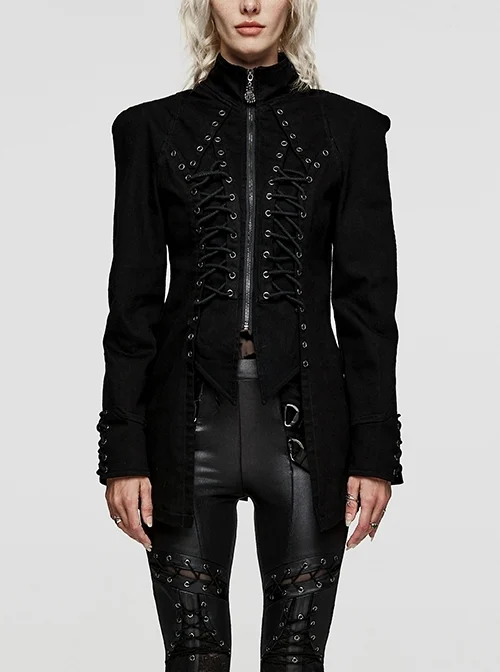 Black Stretch Slim Stand Collar Eyelet Rope Zipper Punk Denim Long Sleeve Jacket