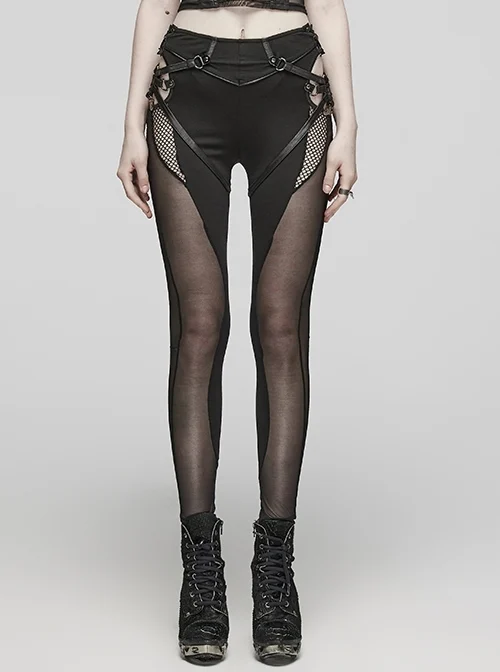 Black Stretch Tight Knit Patchwork Split Hollow Mesh Punk Style Slim Leggings