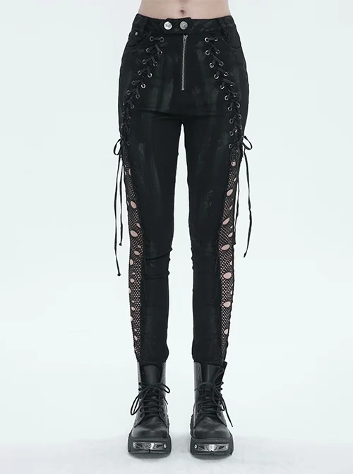 Black Stretch Twill Paneled Punk Mesh Perforated Trousers