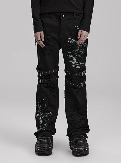 Black Stretch Twill Patchwork Ripped Fabric Personalized Skull Print Decoration Punk Style Handsome Trousers