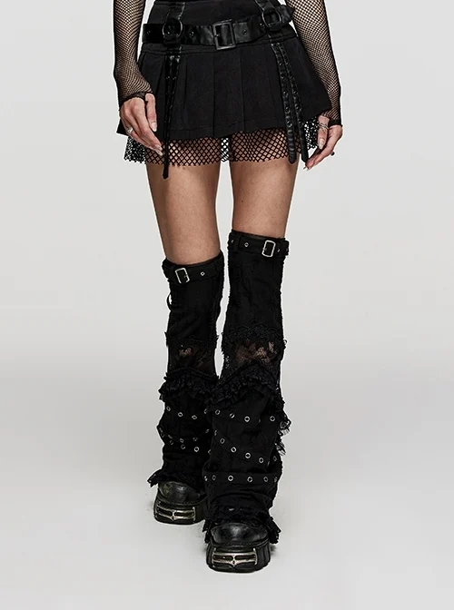 Black Stretch Woven Panel Lace Lace Trim Gothic Flared Daily Leg Covers
