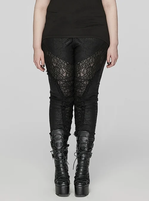 Black Stretch Woven Patchwork Lace Print Front Slant Pocket Gothic Style Trousers