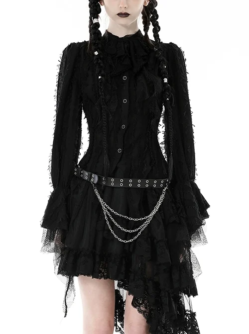 Black Striped Raw Edge Ribbon Ruffle Collar Gothic Style Long Sleeved Shirt