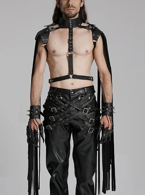 Black Suede And Faux Leather Front Hollow Halter Neck Scorpion Tail Tassel Design Punk Style Shoulder Armor Strap