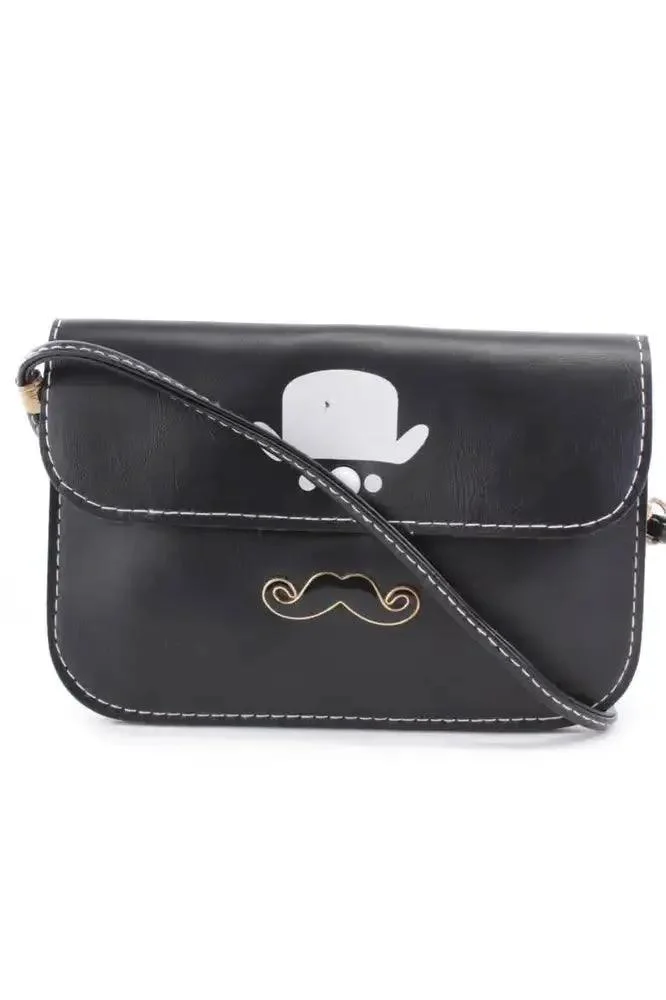 Black Top Hat Mustache Pendant Faux Leather Clutch