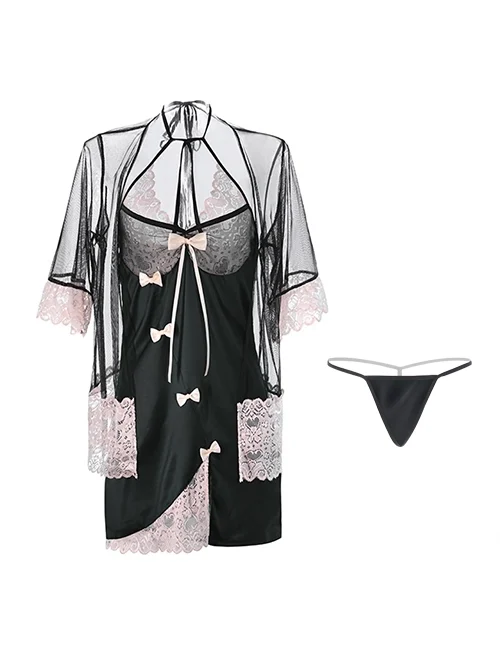Black Tulle Pink Lace Exposed Chest Halter Neck Backless Slit Hem Nightdress Robe Sexy Lingerie Set