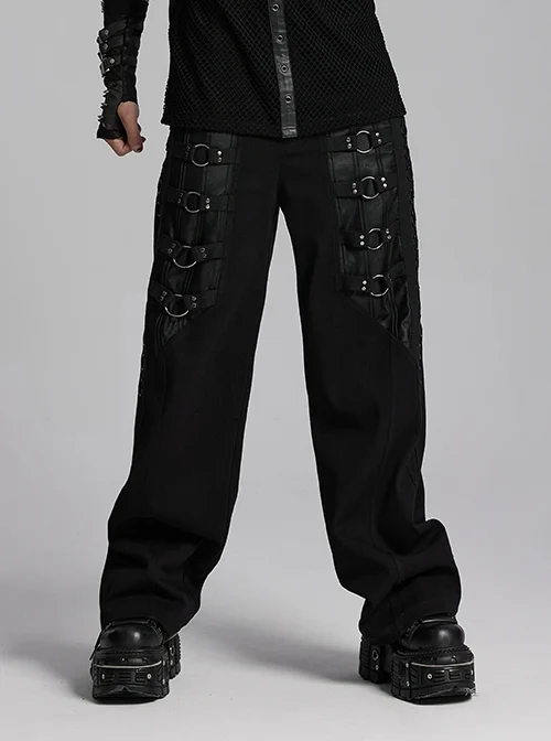 Black Twill Woven Stitching Laminated Vertical Striped Mesh Fabric Front Center Double Row Of Metal Rings Decorated With Punk Style Street Wide Leg Pants