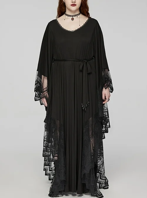 Black V Neck Stretch Knit With Lace Gothic Bat Silhouette Dress