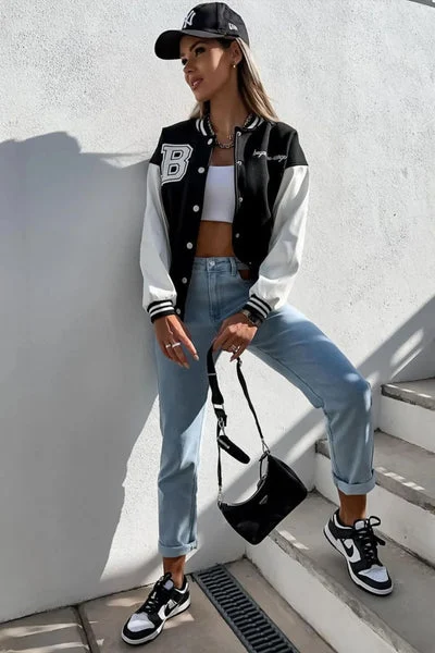 Black Varsity Slogan Contrast Sleeve Bomber - Hallie