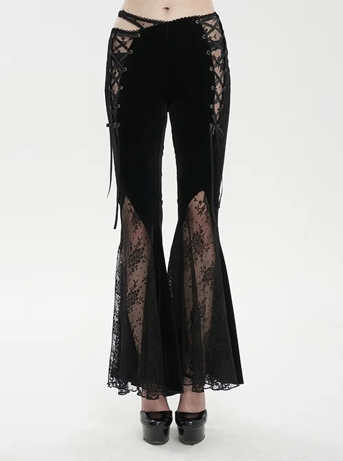 Black Velvet-Paneled Mesh Side-Adjustable Asymmetrical Gothic Leggings