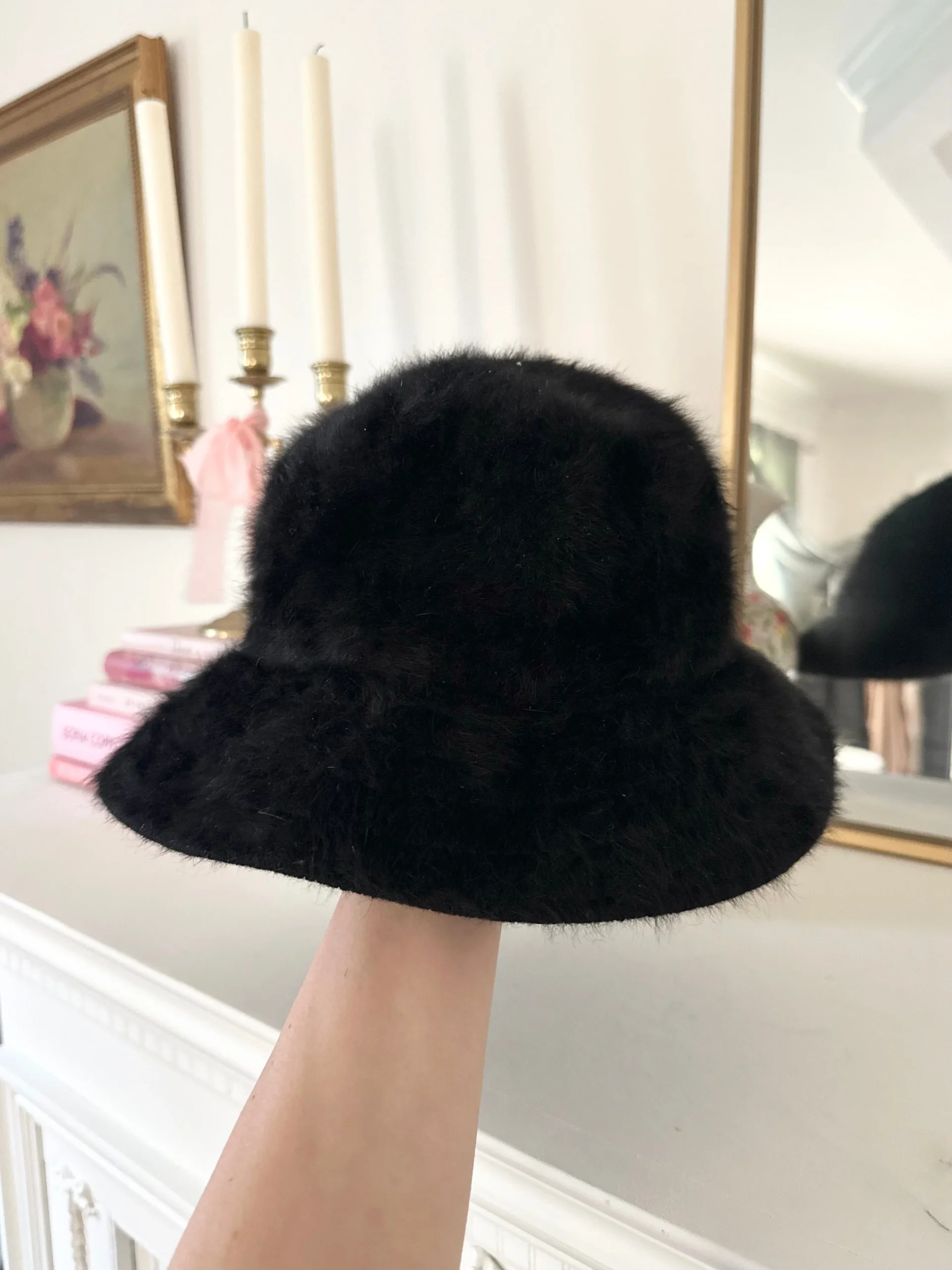 Black Vintage Fur Angora Bucket Hat
