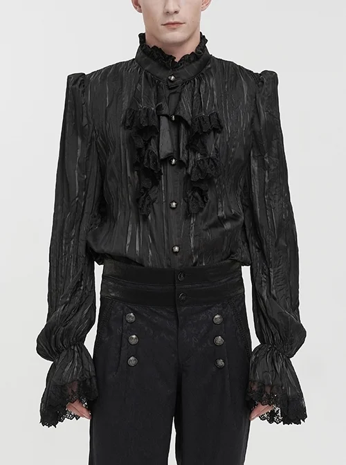 Black Vintage Stand Collar Striped Collar Floral Lace Gothic Shirt