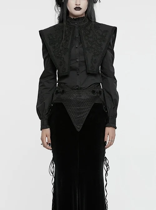 Black Vintage Stretch Twill Woven Front Center Three-Dimensional Flocking Lace Shawl With Rose Button Gothic Style Wide Shoulder Long Sleeve Shirt
