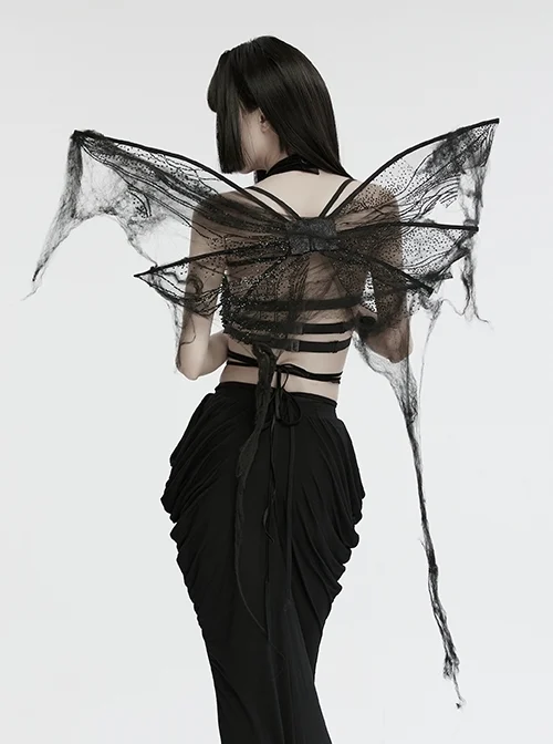 Black Wavy Mesh Fabric Messy Mesh Cotton Embellished Gothic Elastic Butterfly Wing Harness