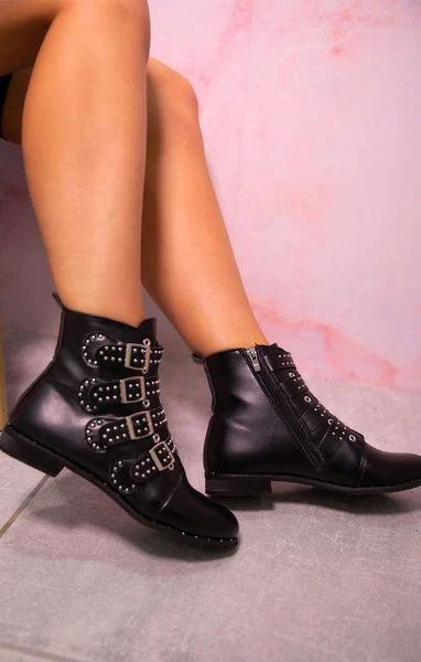 Black Western Buckle Ankle Boots - Antoni