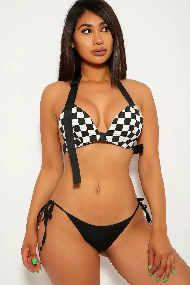 Black White Checkered Two Piece Swimsuit