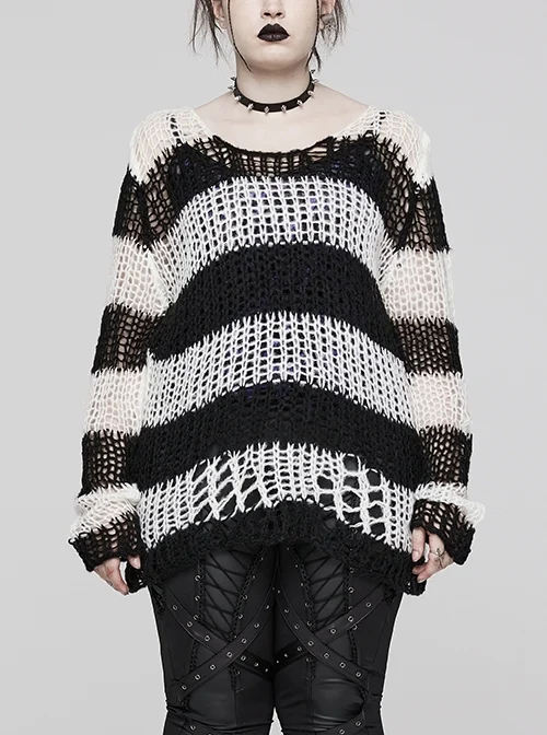 Black And White Contrasting Color Big Round Neck Mohair Irregular Holes Gothic Pullover Sweater