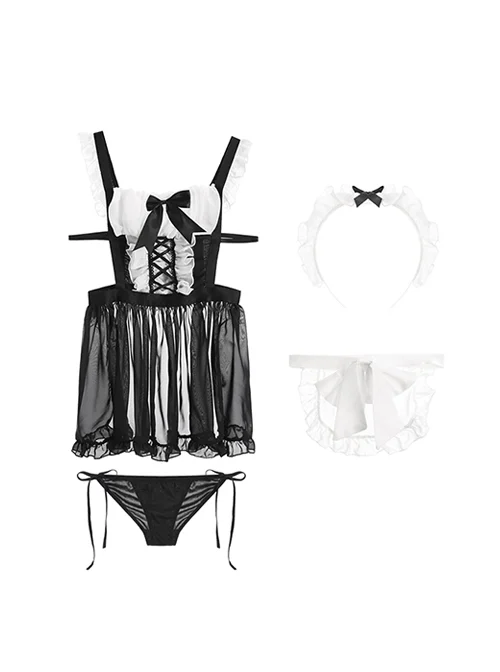 Black White Cute Bow Ruffled See-Through Chiffon Backless Maid Outfit Sexy Lingerie Set