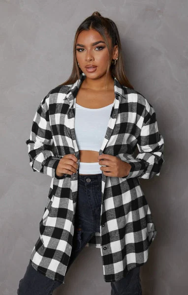 Black & White Oversized Check Print Long Sleeve Button Up Shacket - Tina