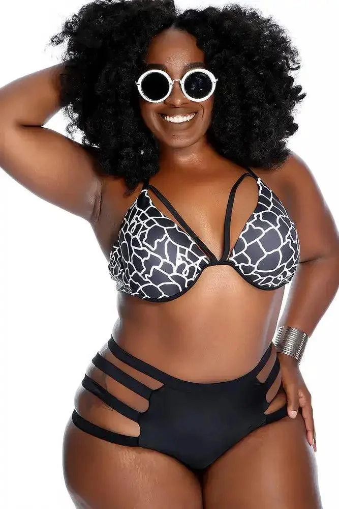 Black White Strappy High Waisted Two Piece Swimsuit Plus