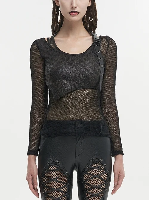 Black Wool Shoulder Loop Adjustable Asymmetric Wrapped Punk T-Shirt