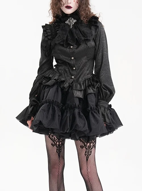 Black Woven Printed Pattern Shoulder Pleats With Layered Hem Gothic Style Stand Up Collar Long Sleeve Shirt