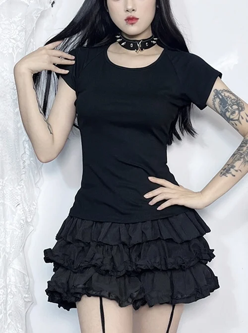 Black Woven Splicing Open Back Flocking Printed Pattern Fabric Punk Style Versatile Short Sleeved T-Shirt