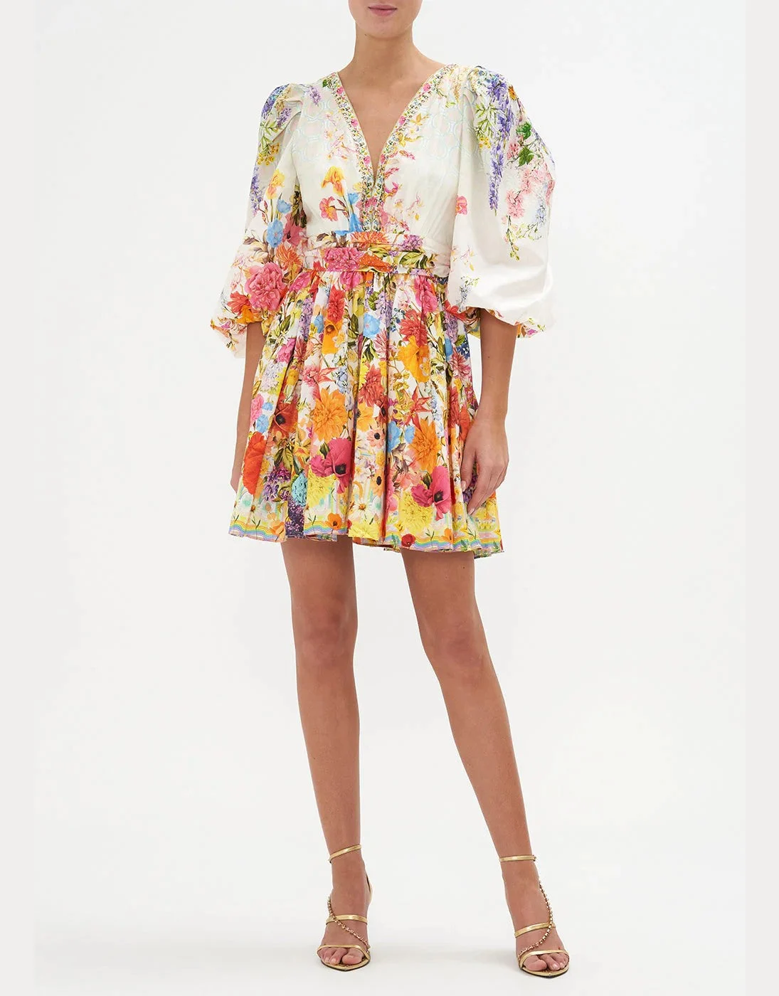 Blouson Flared Cotton SIlk Dress, Sunlight Symphony