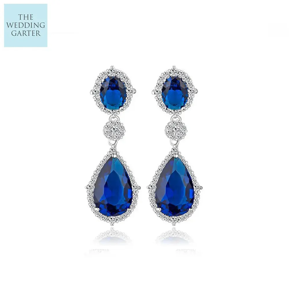 Blue Cubic Zirconia Long Drop Bridal Earrings