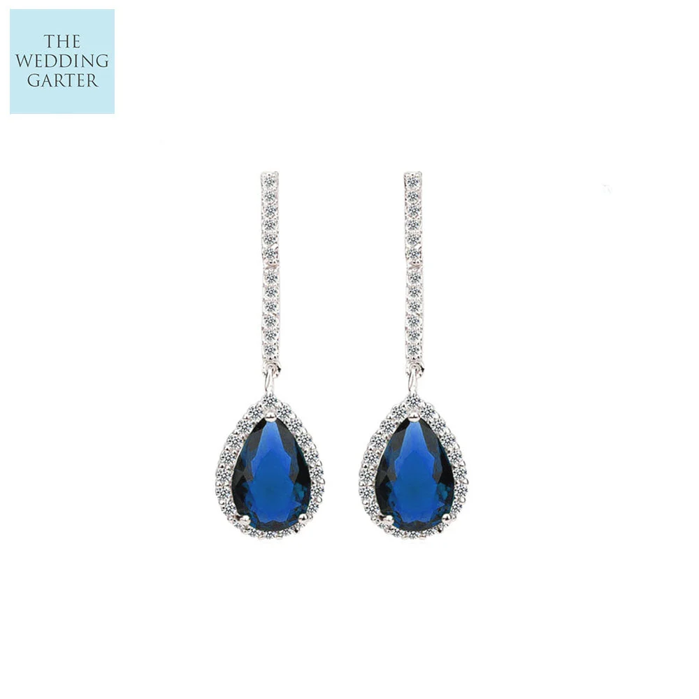 Blue CZ Diamond Long Drop Brides Earrings (2 Colours)