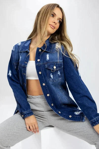 Blue Dark Wash DistressedRipped Denim Jacket - Finian