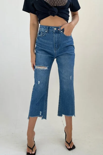 Blue Dark Wash High Waisted Distressed Cropped Flare Leg Jeans- Juliette