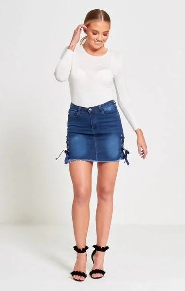 Blue Denim Eyelet Ribbon Petite Hem Mini Skirt - Violina