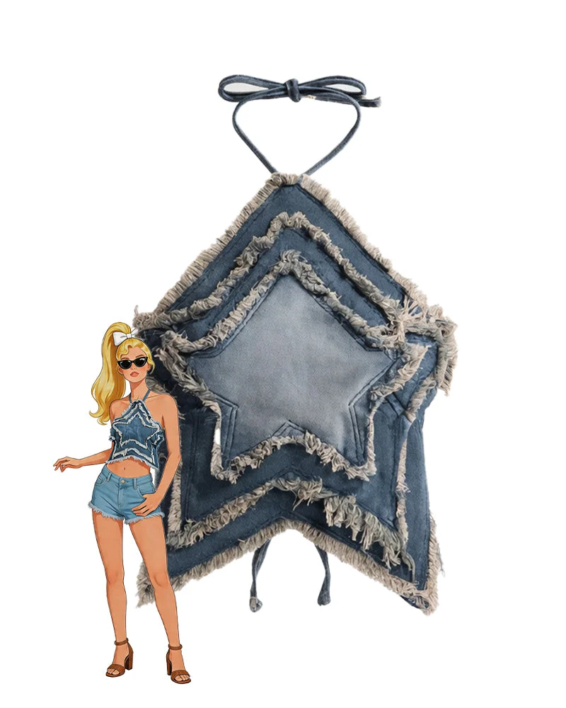Blue Denim Star Halter Crop Top ¨C Frayed Fringe Layered Halter Top