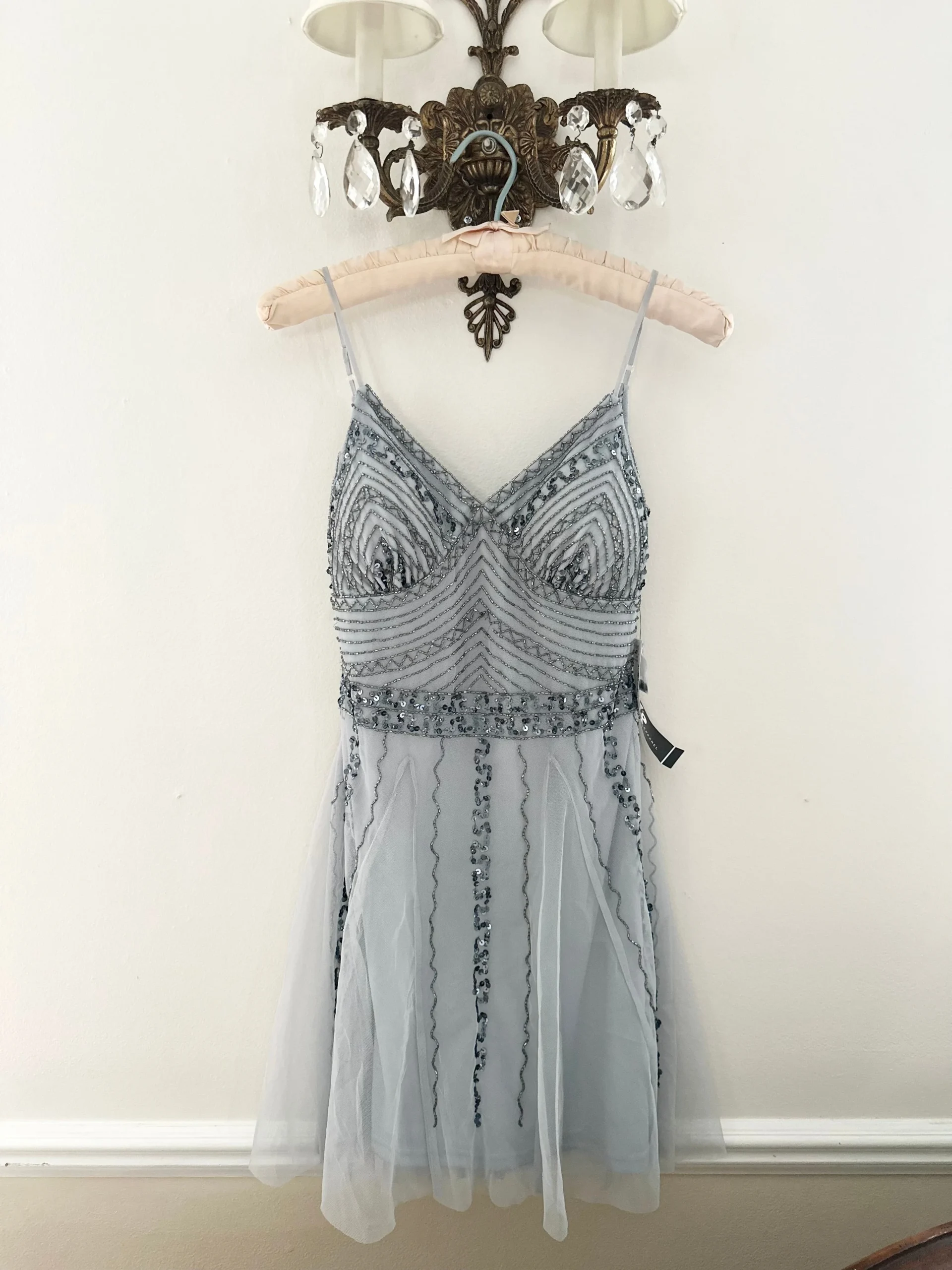 Blue Gray Beaded Tulle Mini Dress (S)