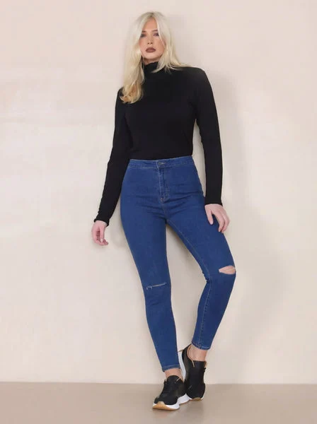 Blue High Waisted Skinny Soft Touch Skinny Jeans With Rip Detail- Delilah