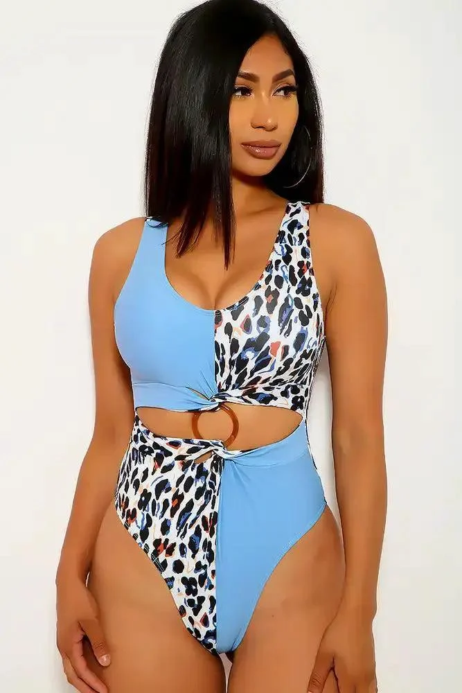 Blue Leopard Print One Piece Swimsuit