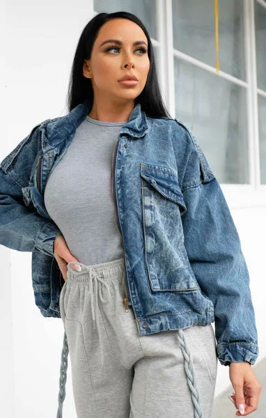 Blue Light Wash Oversized Zip Up Drawstring Denim Jacket - Emilia