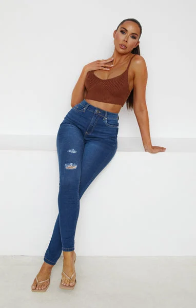 Blue Mid Wash High Waisted Distressed Skinny Jeans - Macy